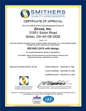 Zircoa's quality systems are certified to ISO 9001:2015